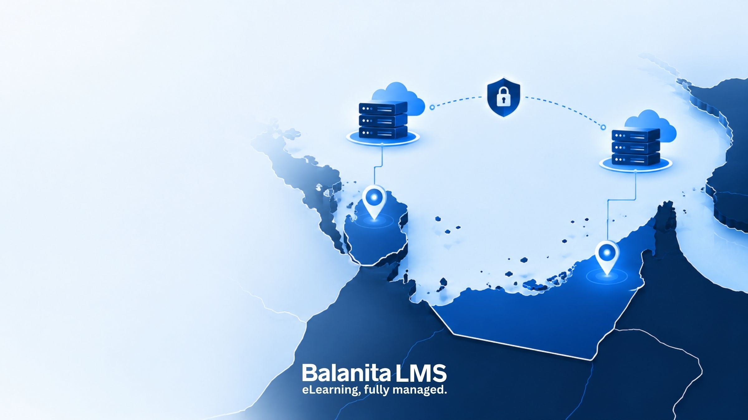 Illustration of a map of the Gulf with location pins in Qatar and the UAE, each linked to a cloud server, joined by a padlock shield, with the Balanita LMS logo.