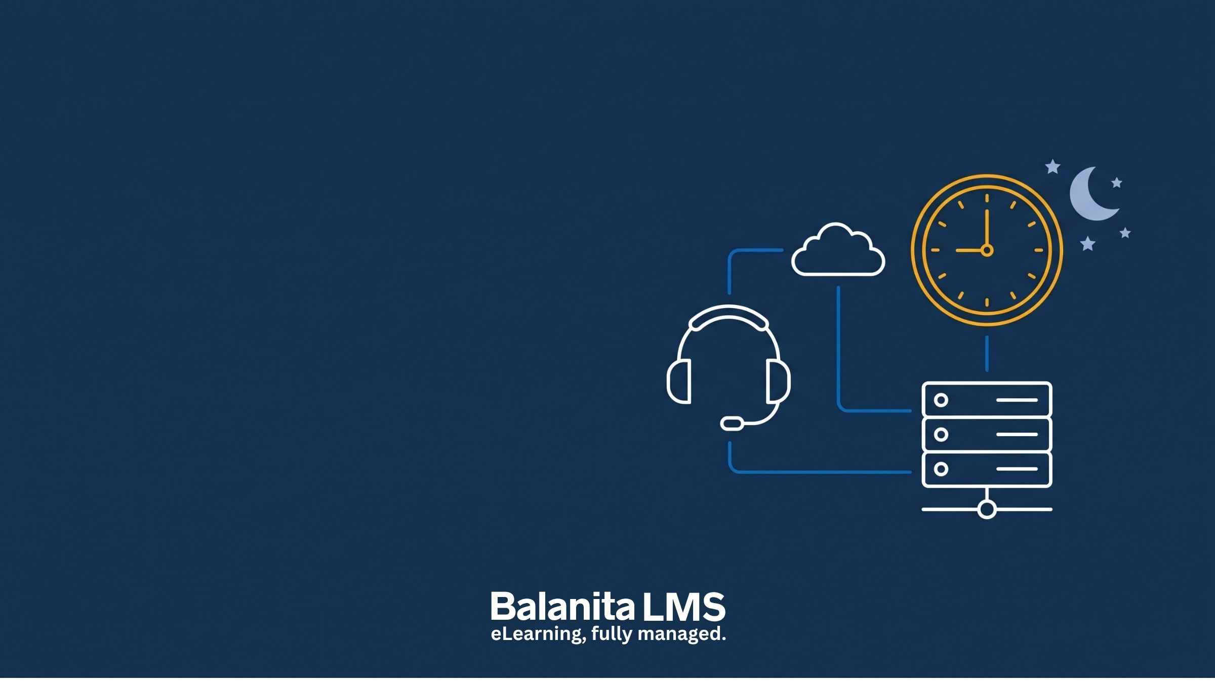 Illustration on a dark navy background of a support headset, a cloud and a server linked by lines, with a clock showing nine and a crescent moon with stars, and the Balanita LMS logo.