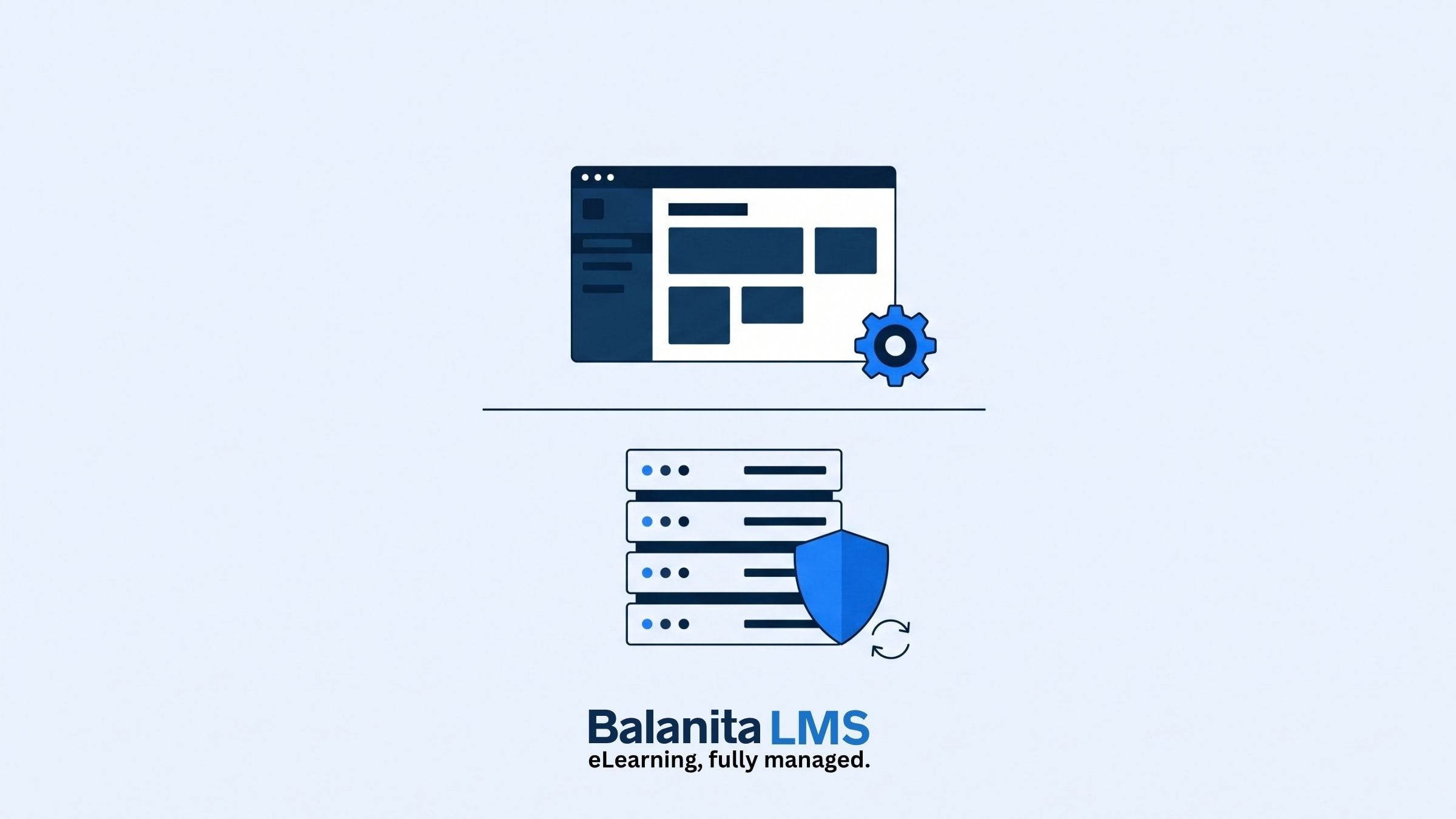 Illustration of two layers: an LMS screen with a settings gear above a line, and a server with a security shield and an update symbol below it, with the Balanita LMS logo.